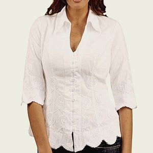 Gio Cam Embroidered Cotton Scallop Hem Blouse Women's Sz Large White